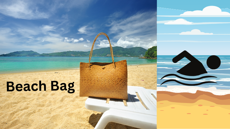 Beach bag, a symbolic image of a beach and a bag on a beach table