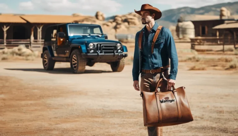 Wrangler purses is in a cowboy man's hand. his jeep is behind him